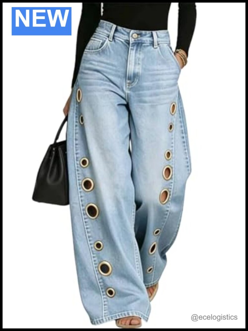 Women's Grommet Eyelet Wide Leg Jeans High Waisted Ripped Cut Out Denim Pants